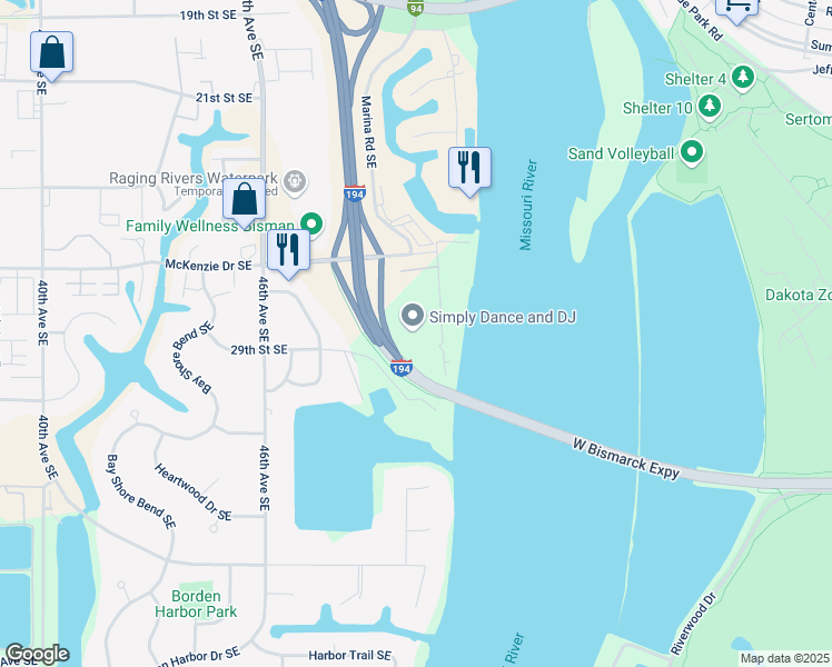 map of restaurants, bars, coffee shops, grocery stores, and more near 3011 Marina Road Southeast in Mandan