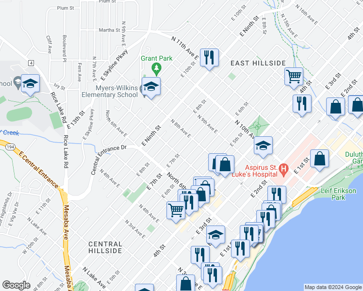 map of restaurants, bars, coffee shops, grocery stores, and more near 713 East 7th Street in Duluth