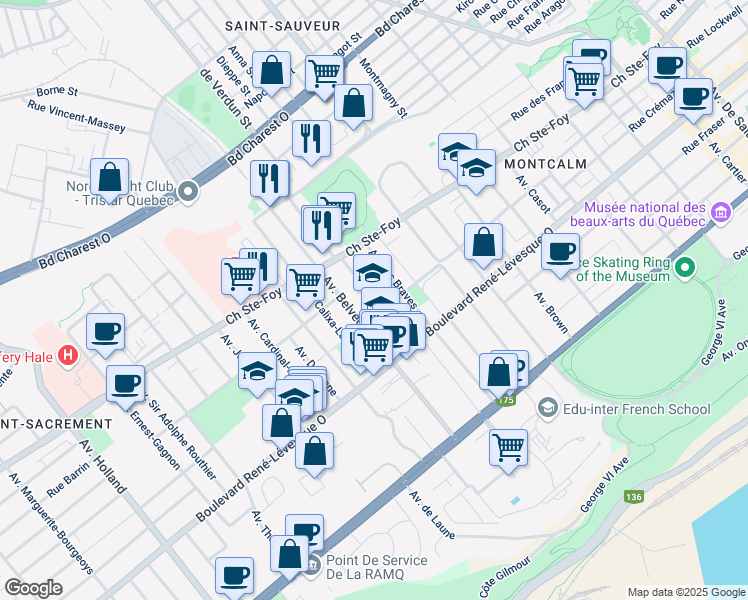 map of restaurants, bars, coffee shops, grocery stores, and more near 893 Avenue de Lévis in Ville de Québec