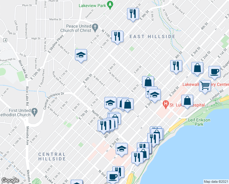 map of restaurants, bars, coffee shops, grocery stores, and more near 803 East 6th Street in Duluth