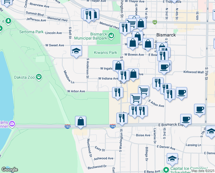 map of restaurants, bars, coffee shops, grocery stores, and more near 420 West Arbor Avenue in Bismarck