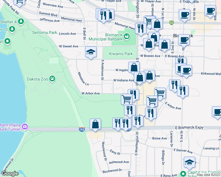 map of restaurants, bars, coffee shops, grocery stores, and more near 510 West Arbor Avenue in Bismarck
