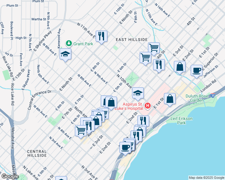 map of restaurants, bars, coffee shops, grocery stores, and more near 425 North 9th Avenue East in Duluth