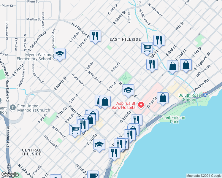 map of restaurants, bars, coffee shops, grocery stores, and more near 426 North 9th Avenue East in Duluth