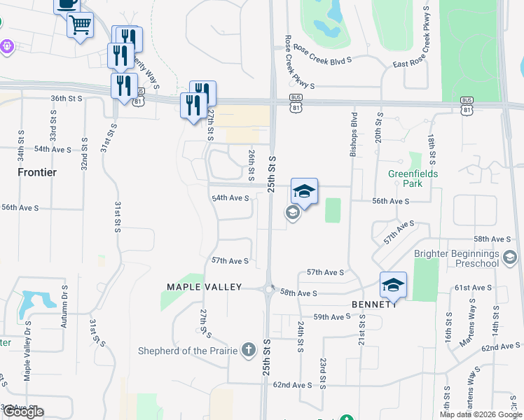 map of restaurants, bars, coffee shops, grocery stores, and more near 5450 26th Street South in Fargo