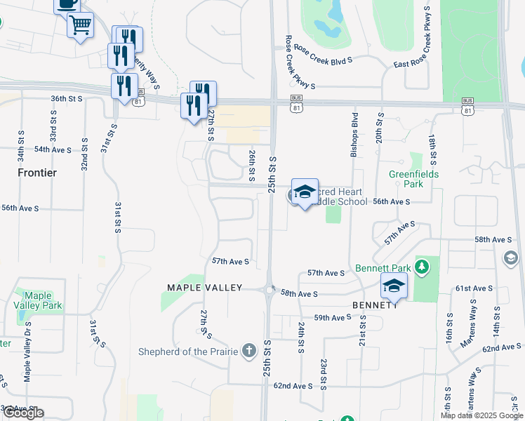 map of restaurants, bars, coffee shops, grocery stores, and more near 5450 26th Street South in Fargo