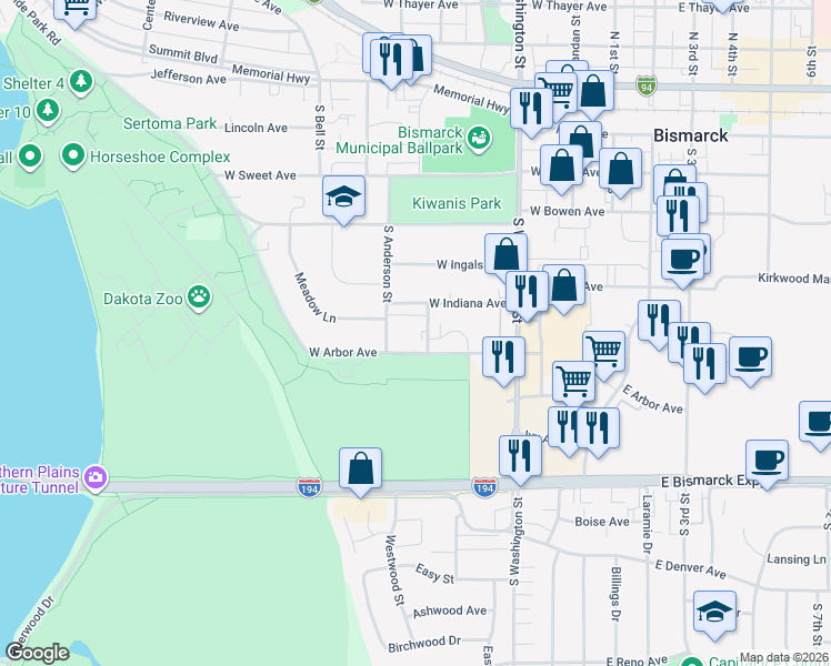 map of restaurants, bars, coffee shops, grocery stores, and more near 624 South Hannifin Street in Bismarck