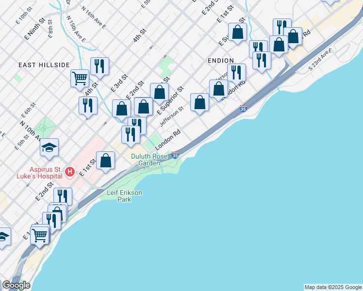 map of restaurants, bars, coffee shops, grocery stores, and more near 1420 London Road in Duluth