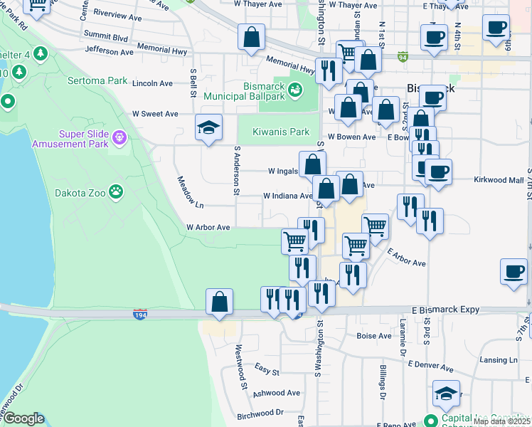 map of restaurants, bars, coffee shops, grocery stores, and more near 420 West Arbor Avenue in Bismarck