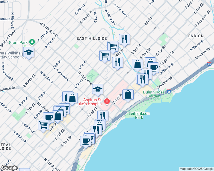 map of restaurants, bars, coffee shops, grocery stores, and more near 1013 East 2nd Street in Duluth