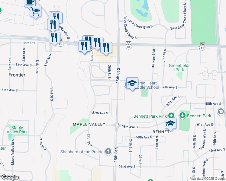 map of restaurants, bars, coffee shops, grocery stores, and more near 5450 26th Street South in Fargo