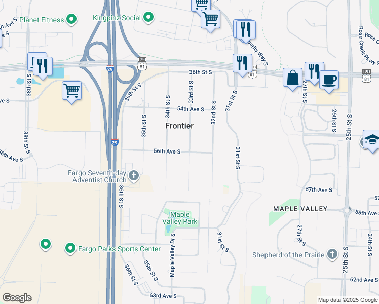 map of restaurants, bars, coffee shops, grocery stores, and more near 5601-5721 33rd Street Southwest in Frontier