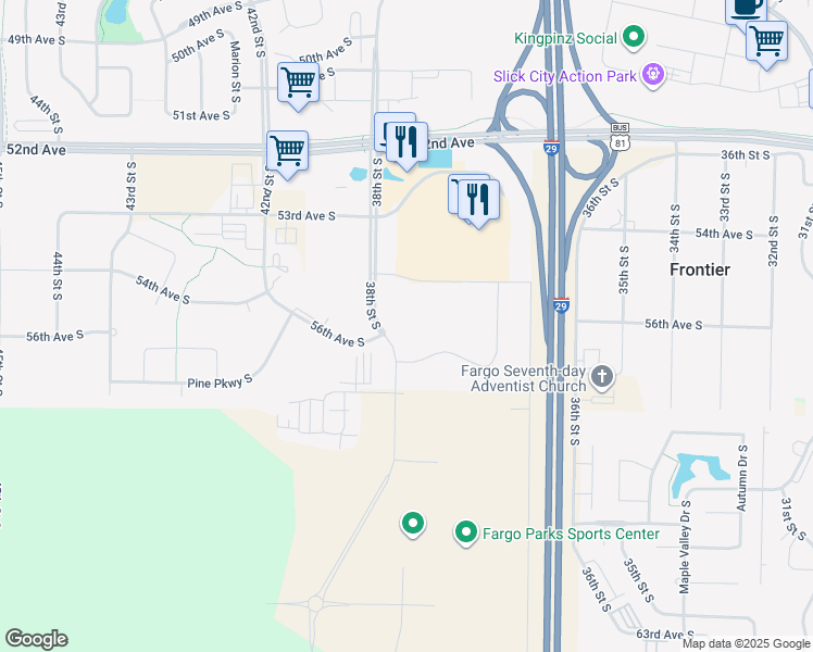 map of restaurants, bars, coffee shops, grocery stores, and more near 5532 38th Street South in Fargo