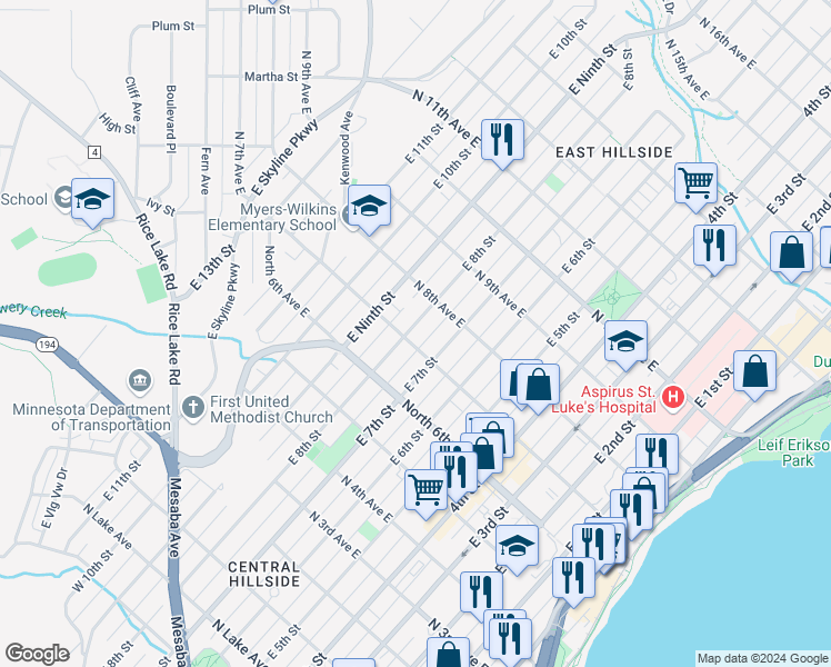 map of restaurants, bars, coffee shops, grocery stores, and more near 708 East 8th Street in Duluth