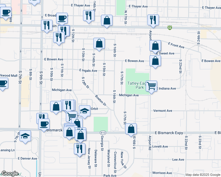 map of restaurants, bars, coffee shops, grocery stores, and more near 1516 Michigan Avenue in Bismarck