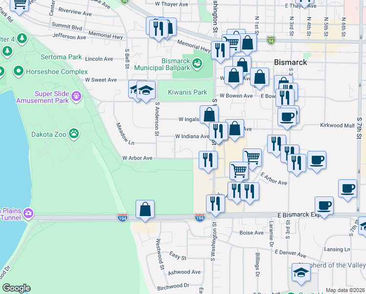 map of restaurants, bars, coffee shops, grocery stores, and more near 420 West Arbor Avenue in Bismarck