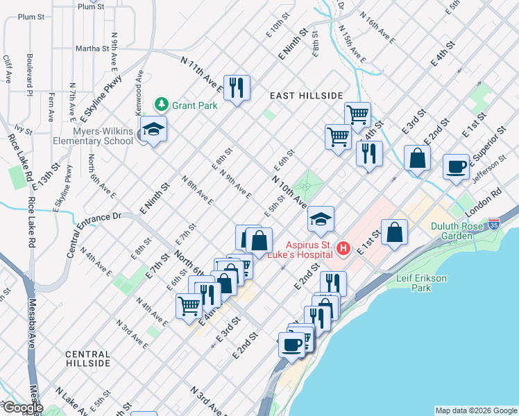 map of restaurants, bars, coffee shops, grocery stores, and more near 425 North 9th Avenue East in Duluth