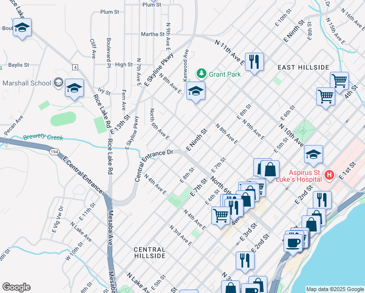 map of restaurants, bars, coffee shops, grocery stores, and more near in Duluth