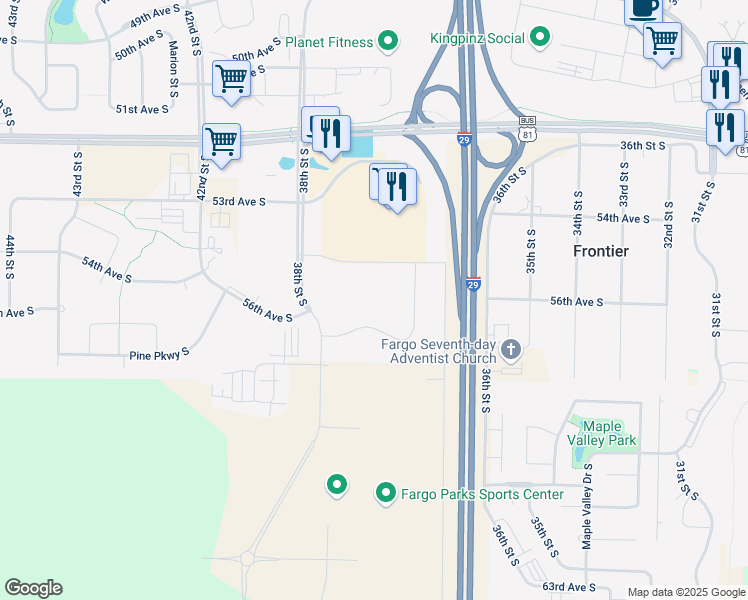 map of restaurants, bars, coffee shops, grocery stores, and more near 5676 38th Street South in Fargo