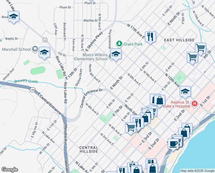 map of restaurants, bars, coffee shops, grocery stores, and more near 908 North 6th Avenue East in Duluth