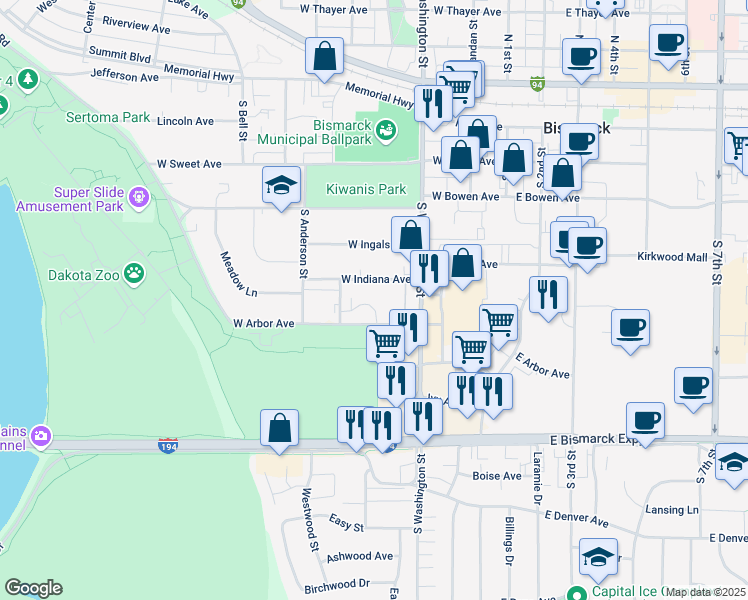map of restaurants, bars, coffee shops, grocery stores, and more near 402 West Arbor Avenue in Bismarck