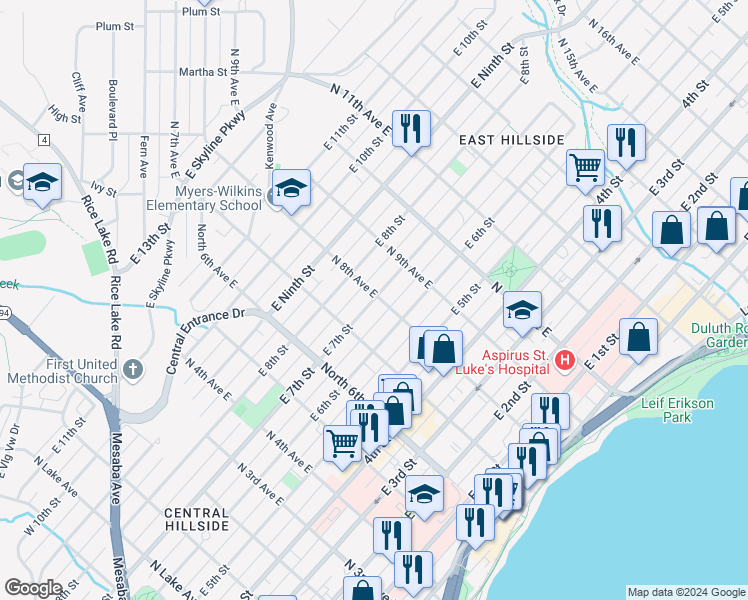 map of restaurants, bars, coffee shops, grocery stores, and more near 732 East 7th Street in Duluth