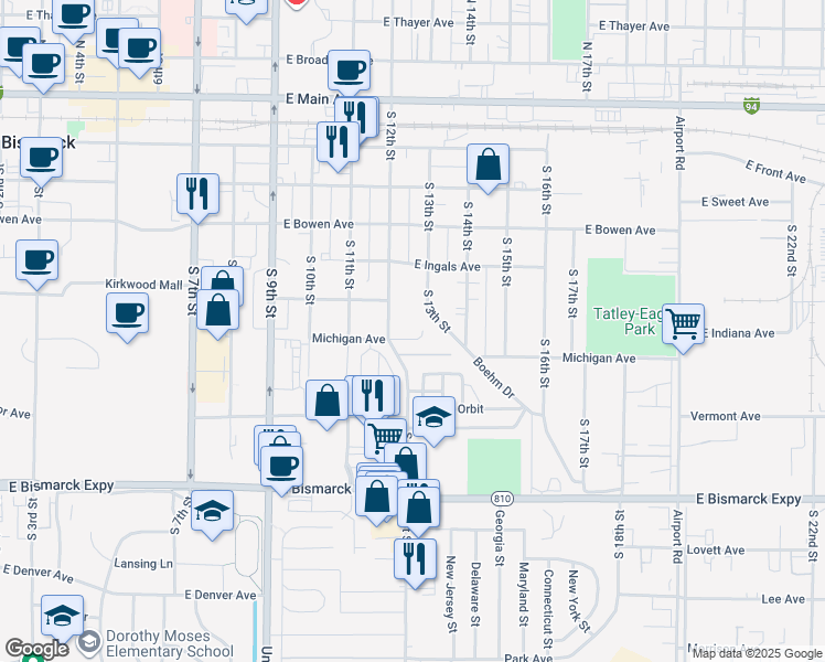 map of restaurants, bars, coffee shops, grocery stores, and more near 725 South 12th Street in Bismarck