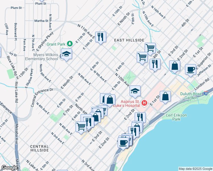 map of restaurants, bars, coffee shops, grocery stores, and more near 514 North 8th Avenue East in Duluth