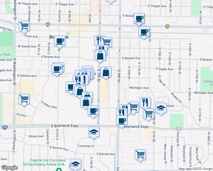 map of restaurants, bars, coffee shops, grocery stores, and more near 484-898 South 8th Street in Bismarck