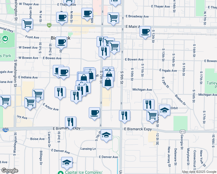 map of restaurants, bars, coffee shops, grocery stores, and more near 484 South 8th Street in Bismarck