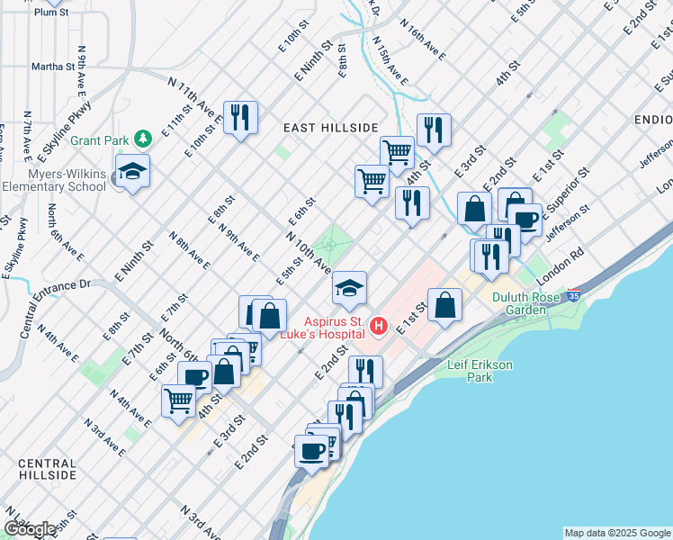 map of restaurants, bars, coffee shops, grocery stores, and more near 927 East 3rd Street in Duluth