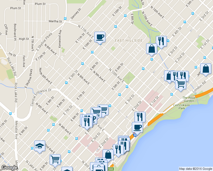 map of restaurants, bars, coffee shops, grocery stores, and more near 514 North 8th Avenue East in Duluth