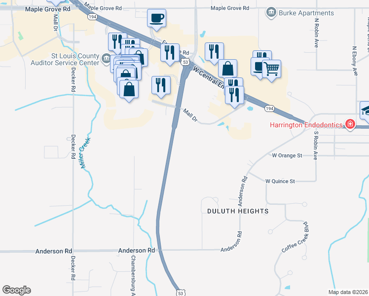 map of restaurants, bars, coffee shops, grocery stores, and more near 4108 Trinity Road in Duluth