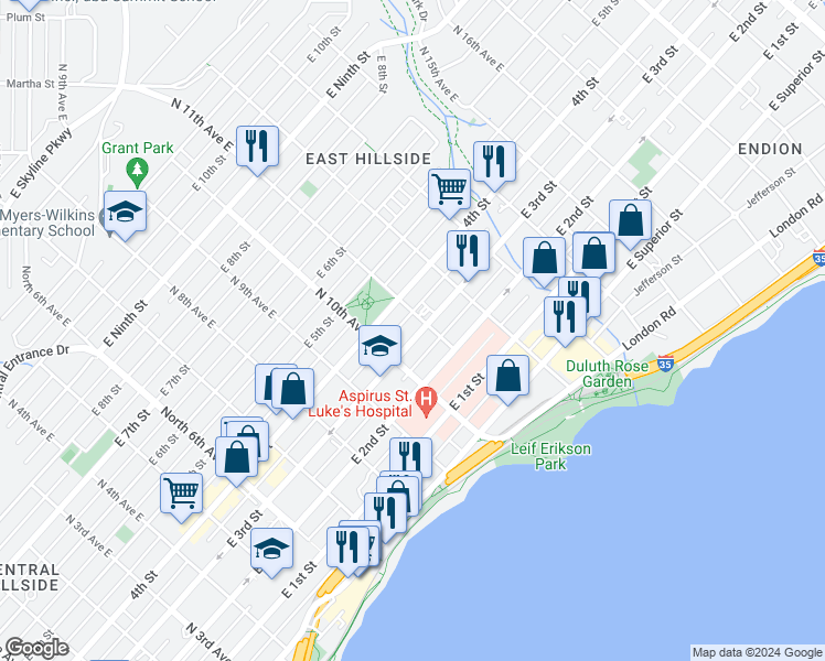 map of restaurants, bars, coffee shops, grocery stores, and more near 1023 East 3rd Street in Duluth