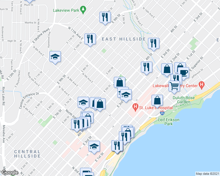 map of restaurants, bars, coffee shops, grocery stores, and more near 1003 East 5th Street in Duluth
