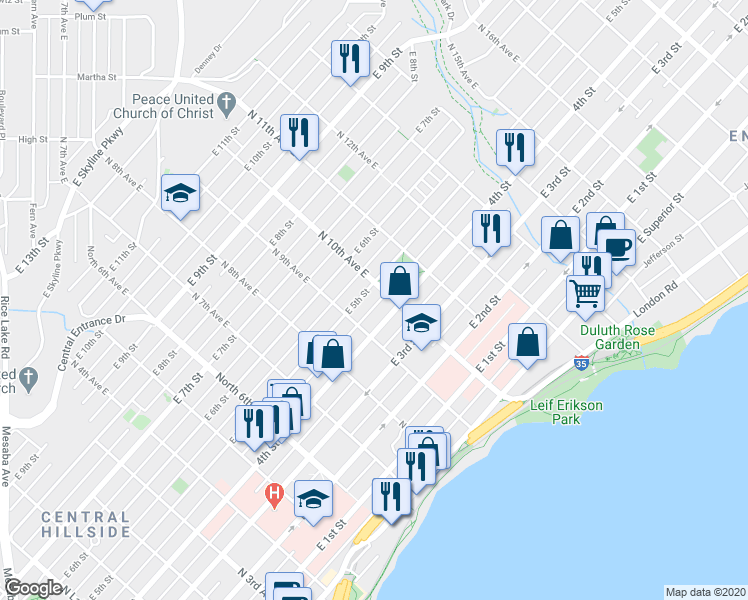 map of restaurants, bars, coffee shops, grocery stores, and more near 924 East 5th Street in Duluth