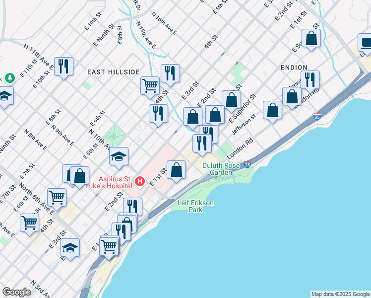 map of restaurants, bars, coffee shops, grocery stores, and more near 1210 East 1st Street in Duluth