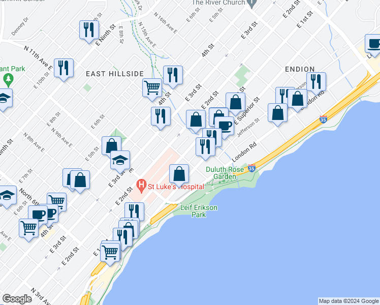 map of restaurants, bars, coffee shops, grocery stores, and more near 1225 East 1st Street in Duluth