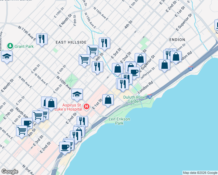 map of restaurants, bars, coffee shops, grocery stores, and more near 1212 East 2nd Street in Duluth