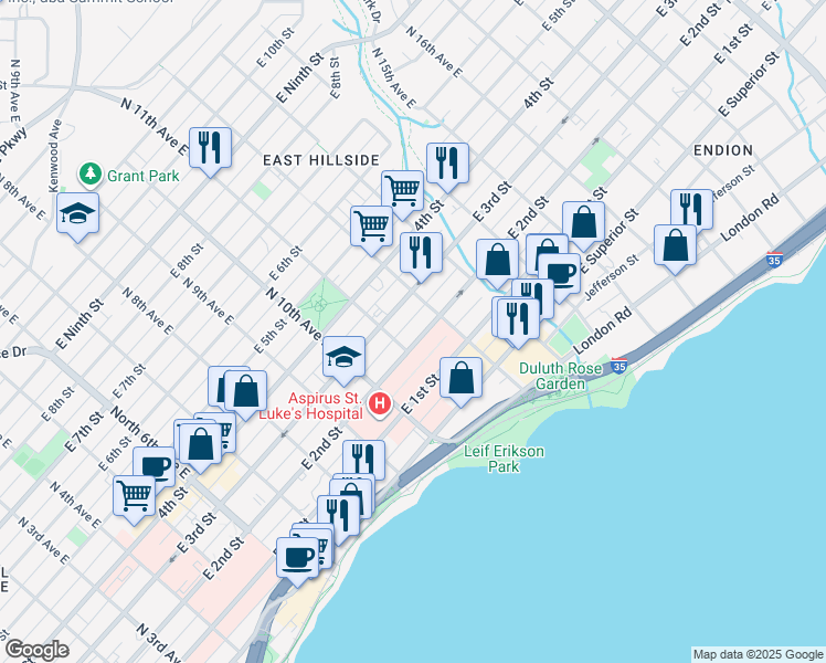 map of restaurants, bars, coffee shops, grocery stores, and more near 1126 East 3rd Street in Duluth