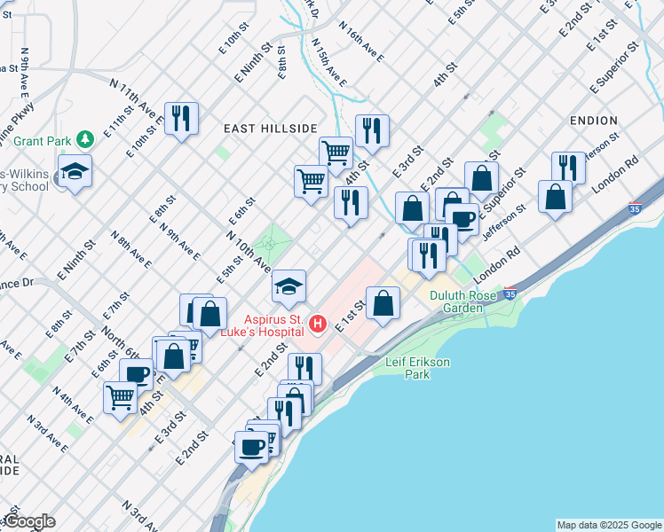 map of restaurants, bars, coffee shops, grocery stores, and more near 1126 East 3rd Street in Duluth