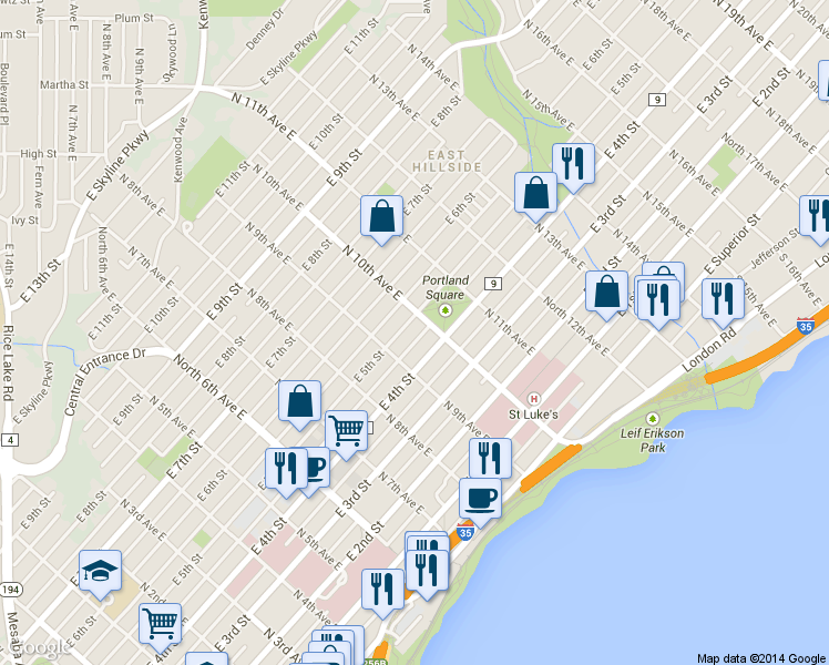 map of restaurants, bars, coffee shops, grocery stores, and more near 1003 East 5th Street in Duluth