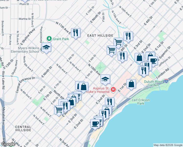 map of restaurants, bars, coffee shops, grocery stores, and more near 1003 East 5th Street in Duluth