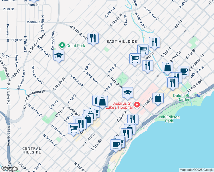 map of restaurants, bars, coffee shops, grocery stores, and more near 924 East 6th Street in Duluth