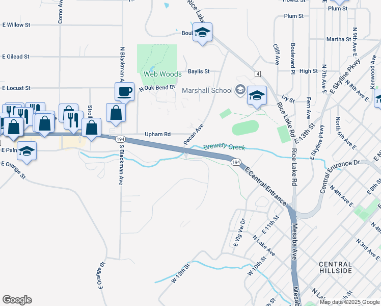 map of restaurants, bars, coffee shops, grocery stores, and more near 717 East Central Entrance in Duluth