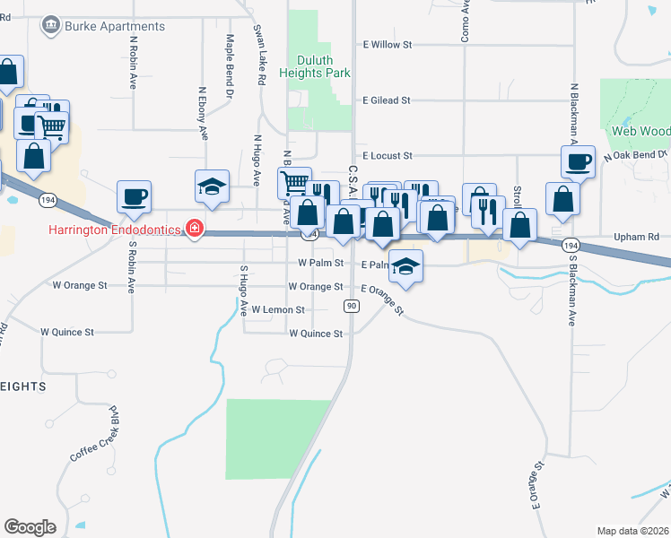 map of restaurants, bars, coffee shops, grocery stores, and more near 14 West Palm Street in Duluth