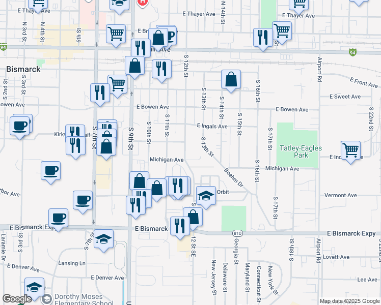 map of restaurants, bars, coffee shops, grocery stores, and more near 600 S 13th St in Bismarck