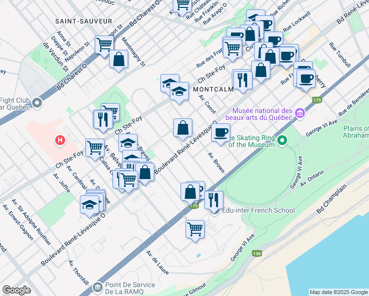 map of restaurants, bars, coffee shops, grocery stores, and more near Avenue de Bougainville in Québec