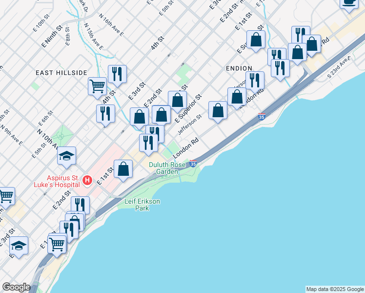 map of restaurants, bars, coffee shops, grocery stores, and more near 1420 Jefferson Street in Duluth