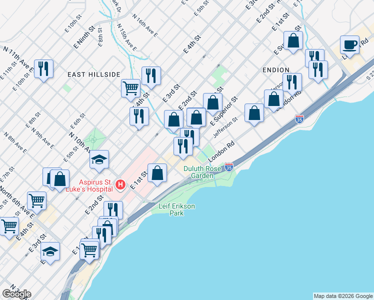 map of restaurants, bars, coffee shops, grocery stores, and more near 1301 East Superior Street in Duluth